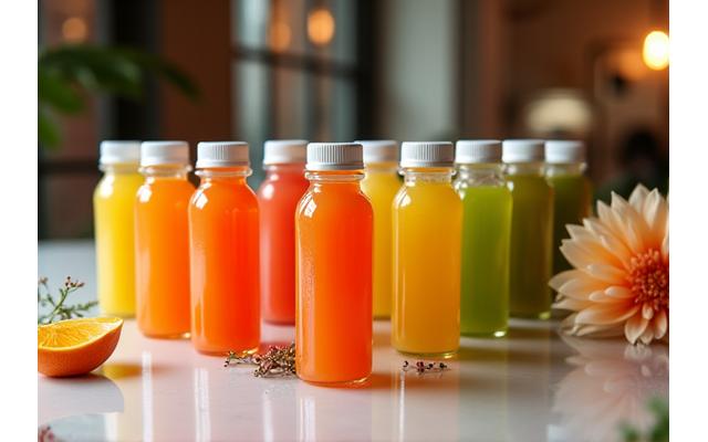 Hidangan jus dan buah-buahan yang dipersembahkan secara premium di pelancaran produk