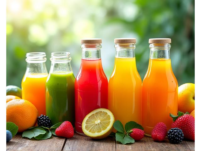 Pelbagai jenis jus buah segar berwarna-warni di Rasa Juicery, seperti oren, hijau, dan merah, dengan buah-buahan segar di latar belakang.