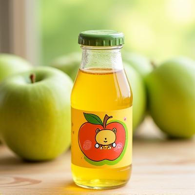 Botol jus epal segar dengan label comel