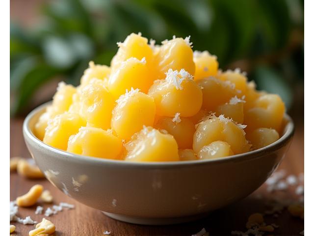 Mangkuk buah durian istimewa yang dihiasi dengan pulpa durian segar dan kelapa