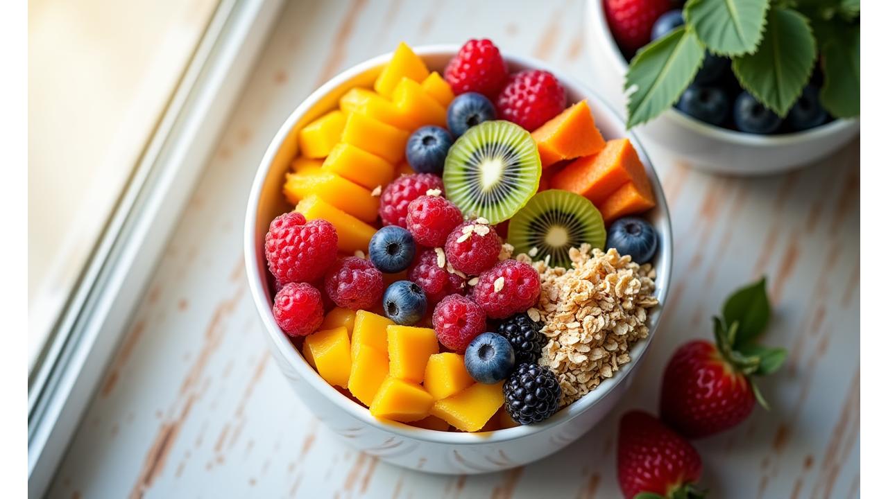 Galeri mangkuk buah segar artistik dengan pelbagai buah dan topping yang menarik
