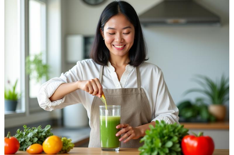 Puan Zara Abdullah sedang menyediakan jus segar di dapur Rasa Juicery