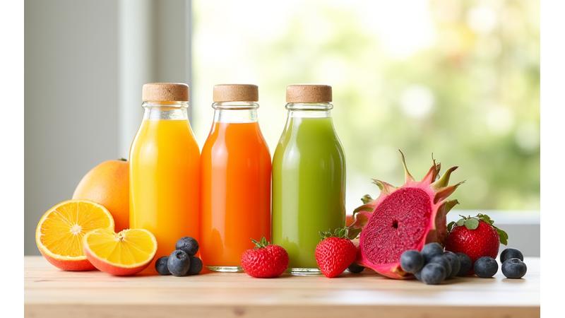 Buah-buahan segar dan botol jus yang bersih menunjukkan komitmen kepada kualiti produk Rasa Juicery